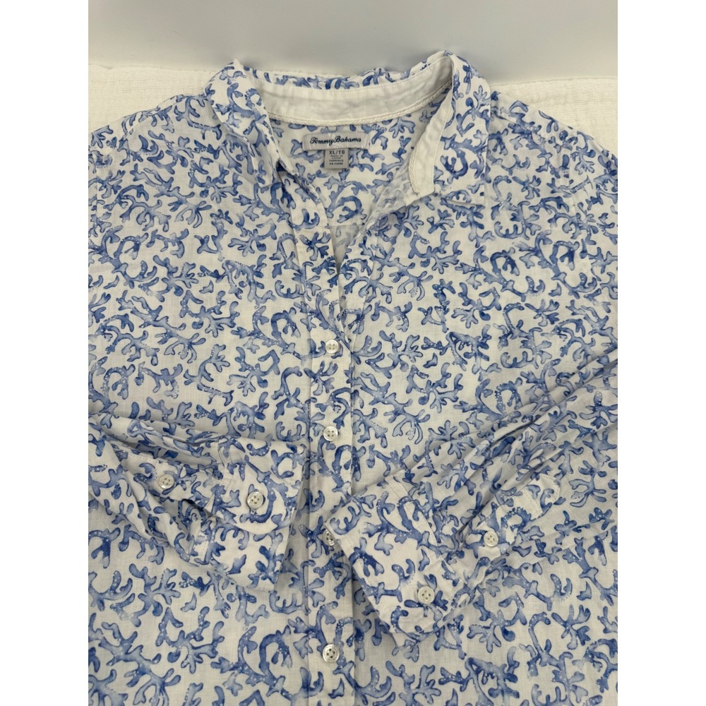 Tommy Bahama 100% Linen Button Up Shirt Size XL Blue White Coral Reef Print